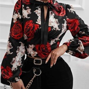 Floral print tie neck blouse